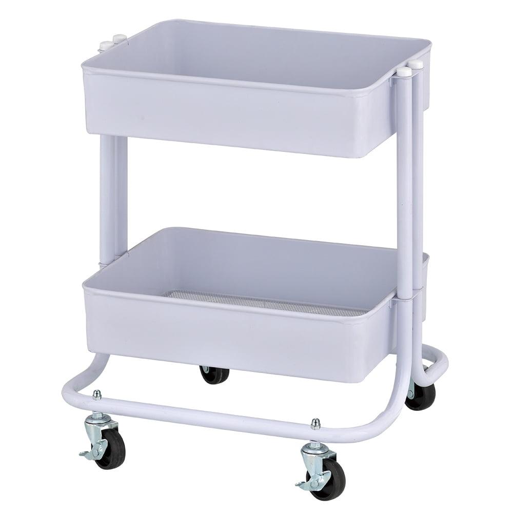 White Metal 2-Tier Rolling Utility Cart with Mesh Baskets