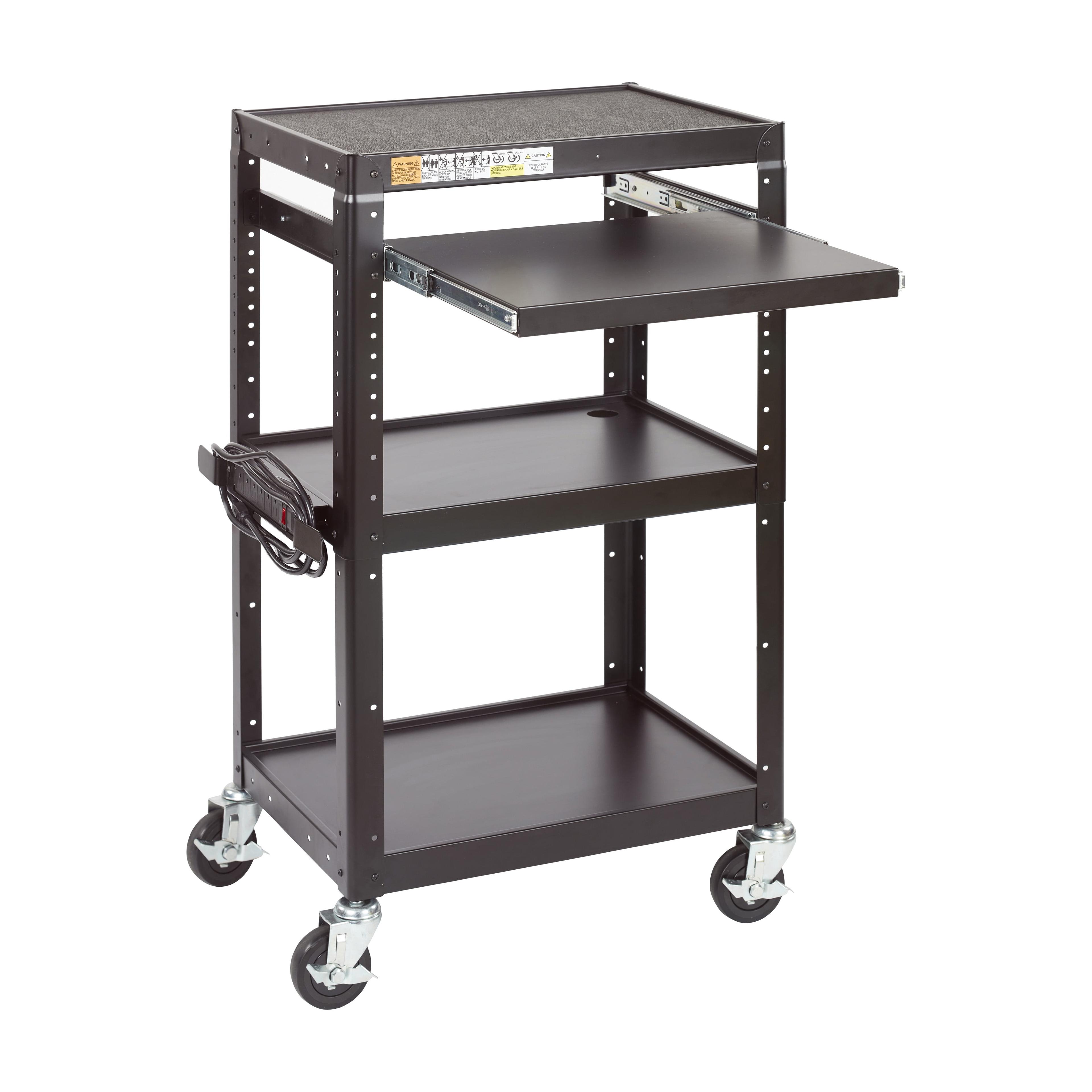 Black Alloy Steel Rolling AV Presentation Cart with Adjustable Shelves