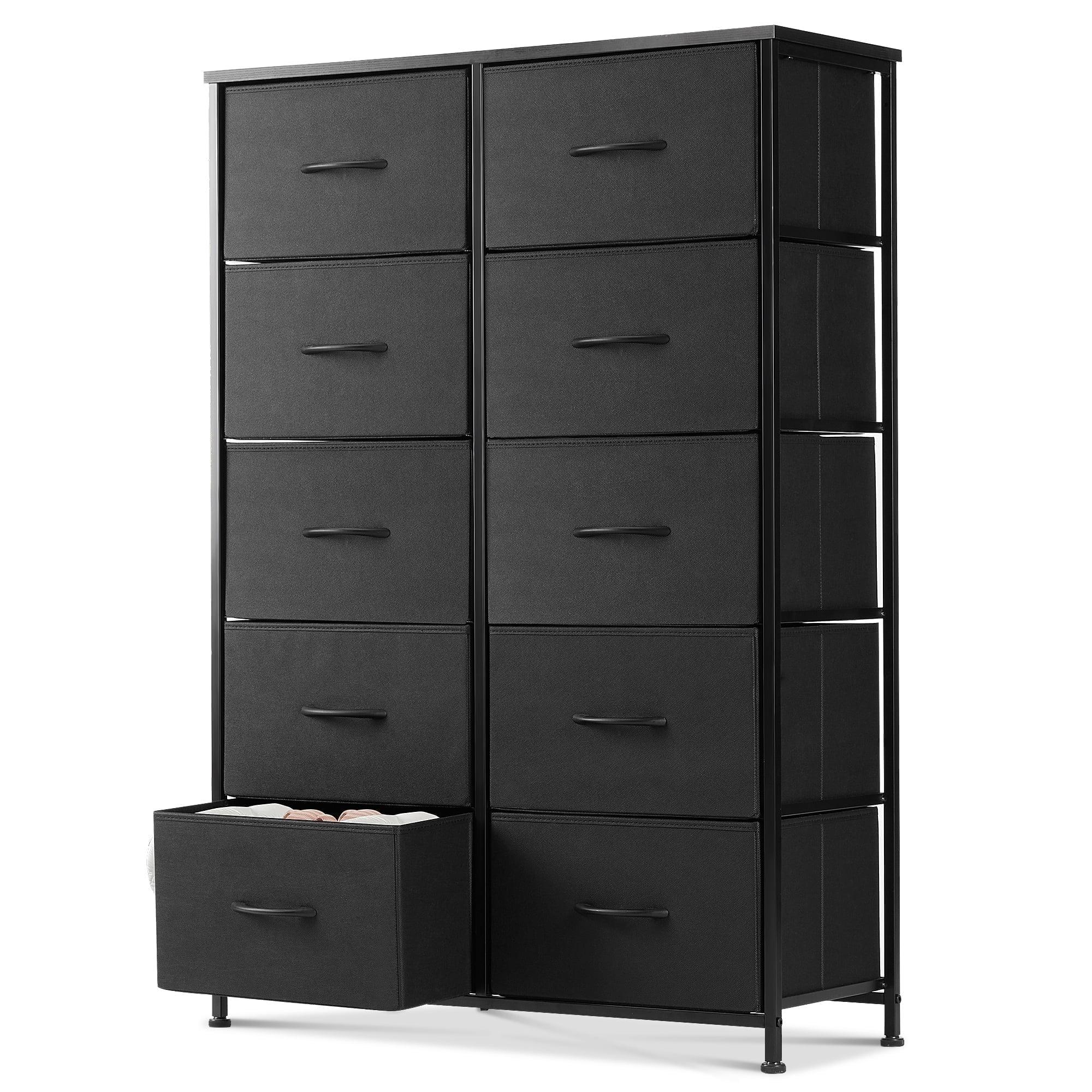Modern 10-Drawer Fabric Storage Dresser - Tall Chest of Drawers with Steel Frame, Wooden Top, for Bedroom, Closet, Entryway, Black