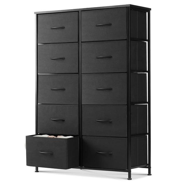 Modern 10-Drawer Fabric Storage Dresser - Tall Chest of Drawers with Steel Frame, Wooden Top, for Bedroom, Closet, Entryway, Black