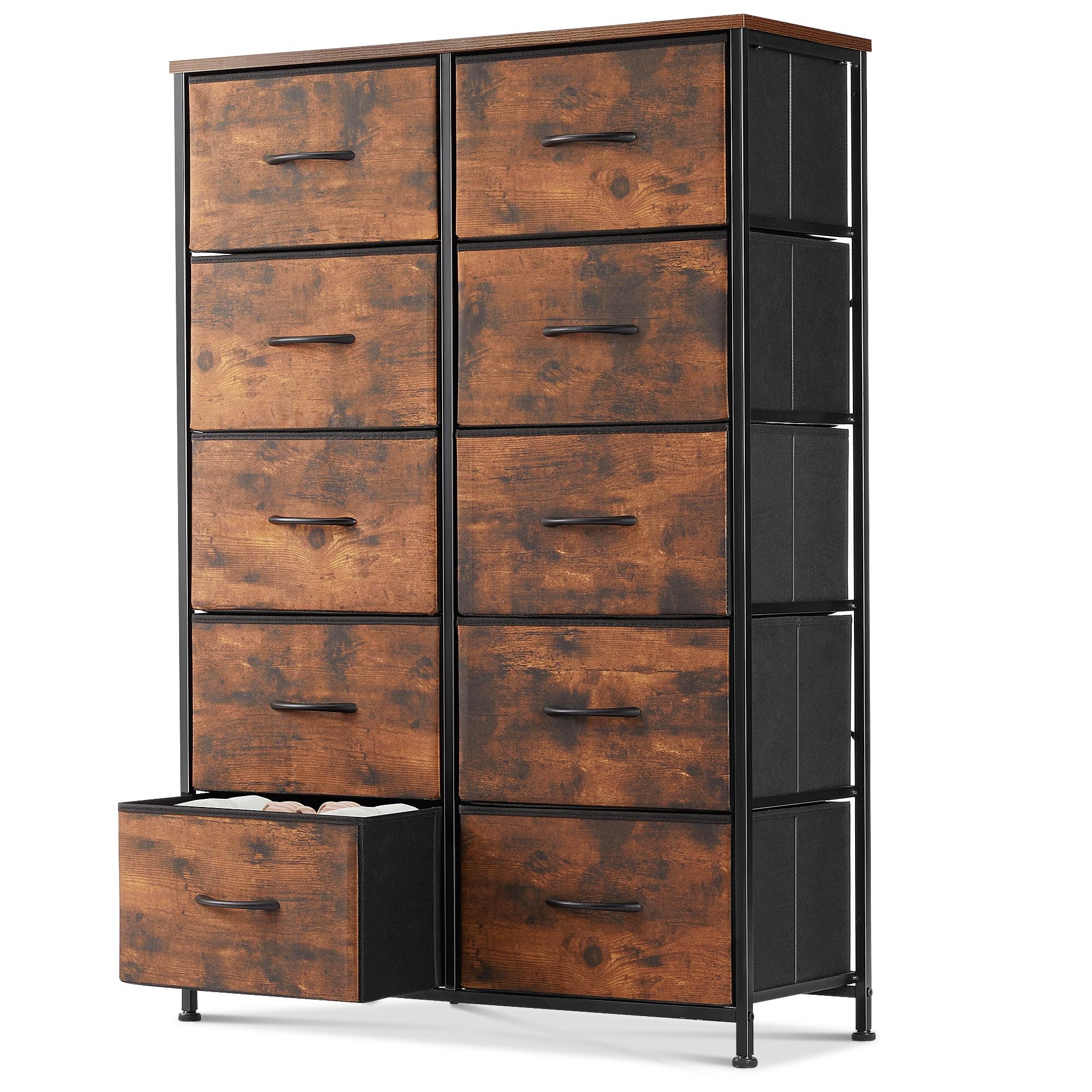 Rustic Brown 10-Drawer Fabric Storage Dresser with Wood Top