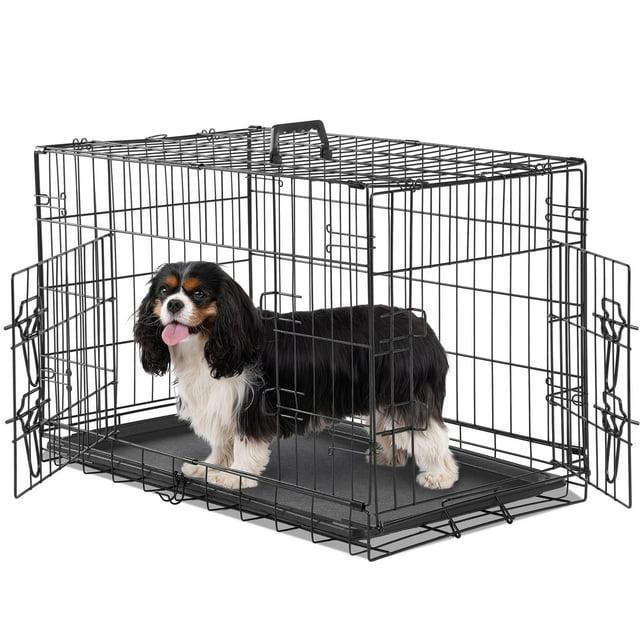 Ebern Designs Medium Dog Crate With Divider Panel, 30 Inch Double Door Folding Metal Wire Dog Cage With Plastic Leak-Proof Pan Tray, Pet Kennel For Indoor, Outdoor, Travel
