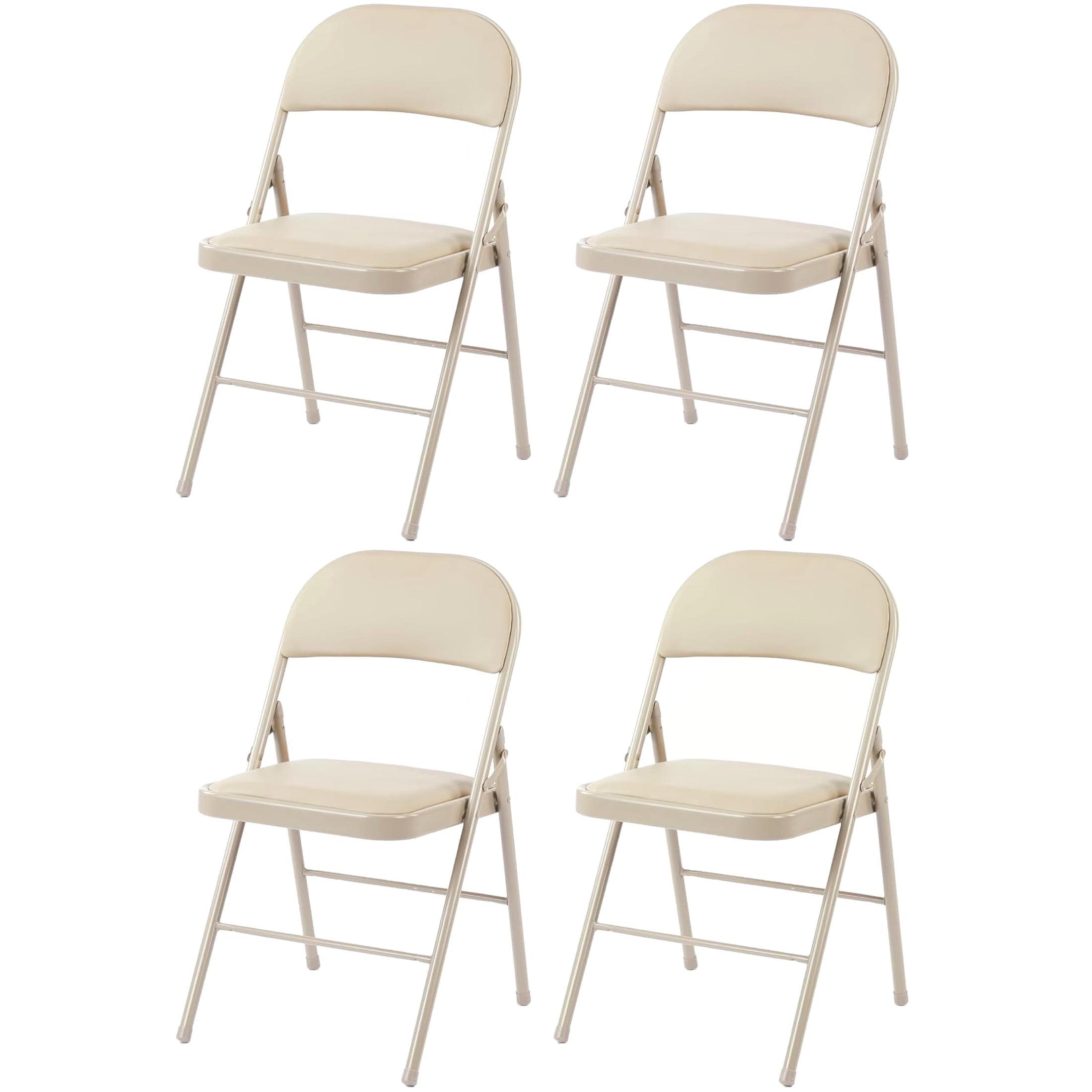 Khaki Armless Leather Metal Frame Folding Chairs, Set of 4