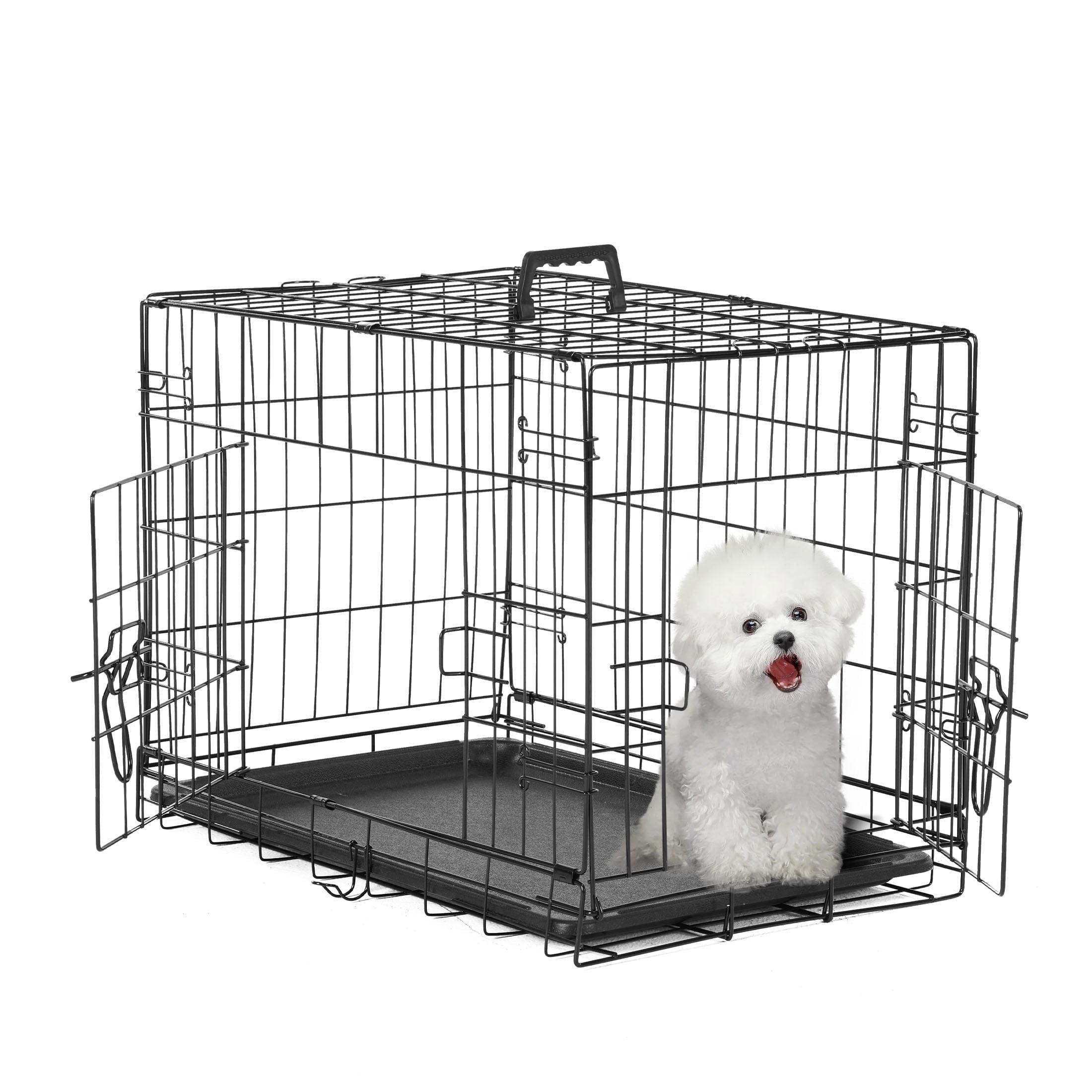 EDX Small Dog Crate with Divider Panel, 24" Double Door Folding Metal Wire Dog Cage with Plastic Leak-Proof Pan Tray