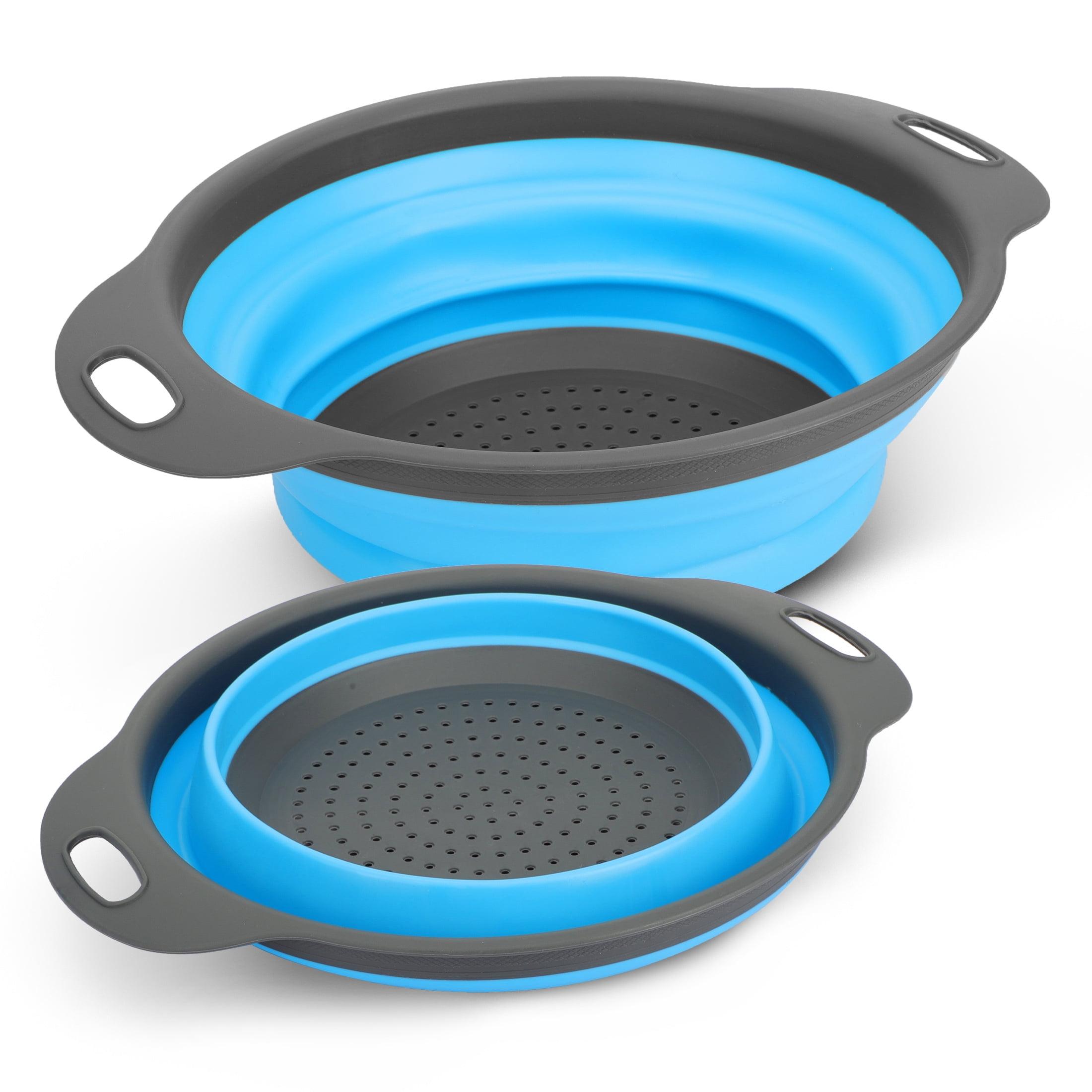 EEEkit 2pcs Collapsible Colander Strainers, Large + Small Silicone Kitchen Drain Basket for Vegetables Fruits Pastas, Blue