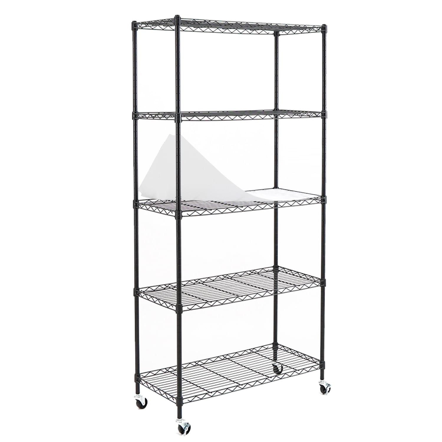 Black 5-Tier Adjustable Wire Shelving Unit with Wheels