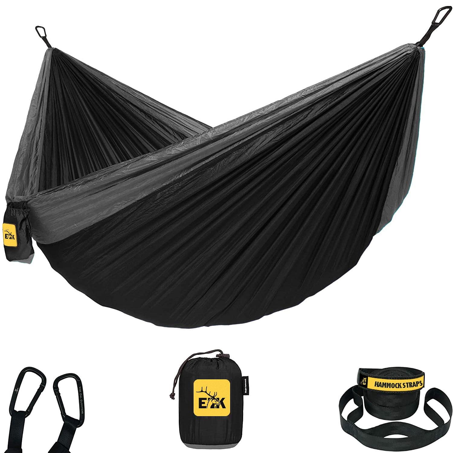 ELK Black and Gray Parachute Nylon Single Hammock with Tree Straps