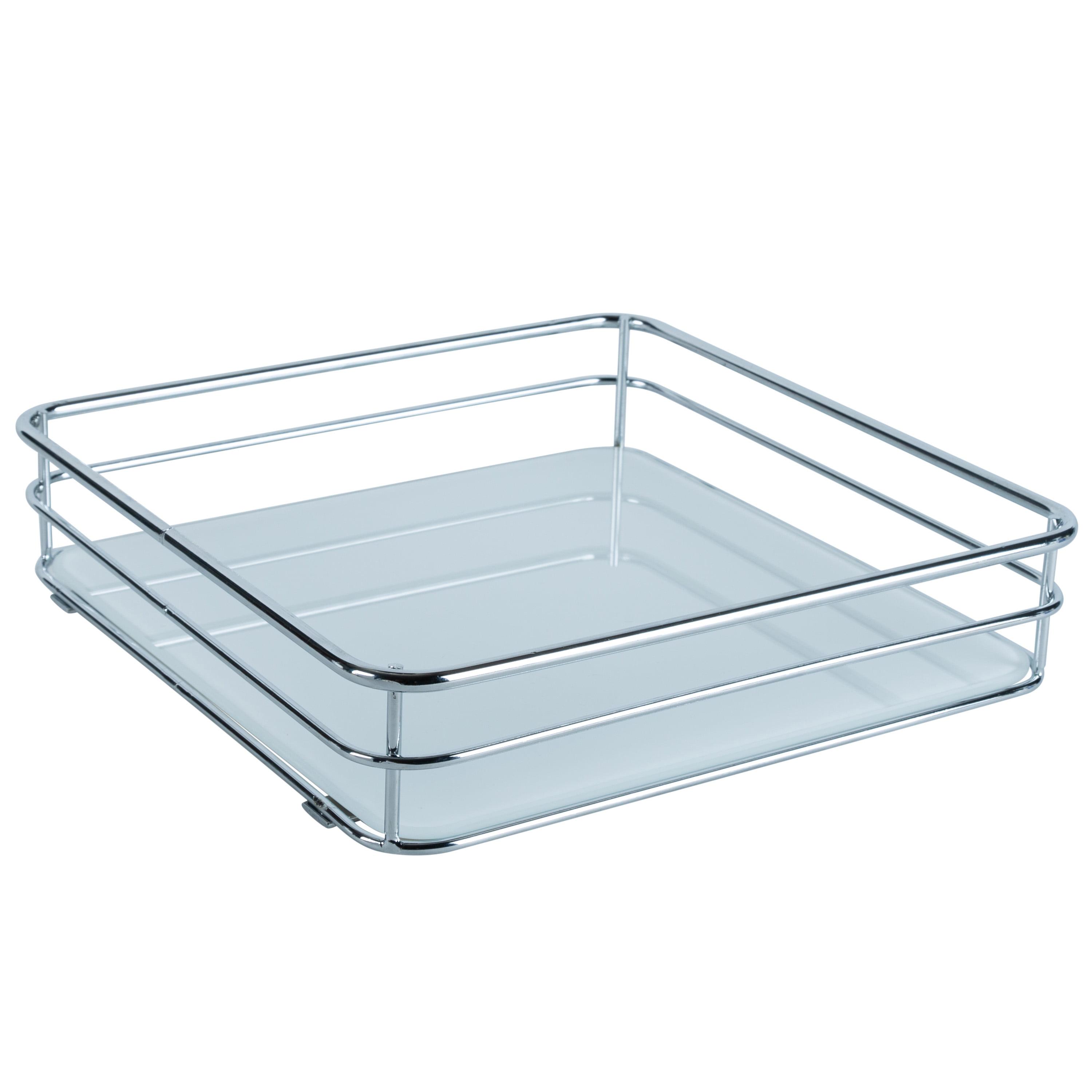 Elegant Chrome-Finished Square Vanity Tray with Tempered Glass