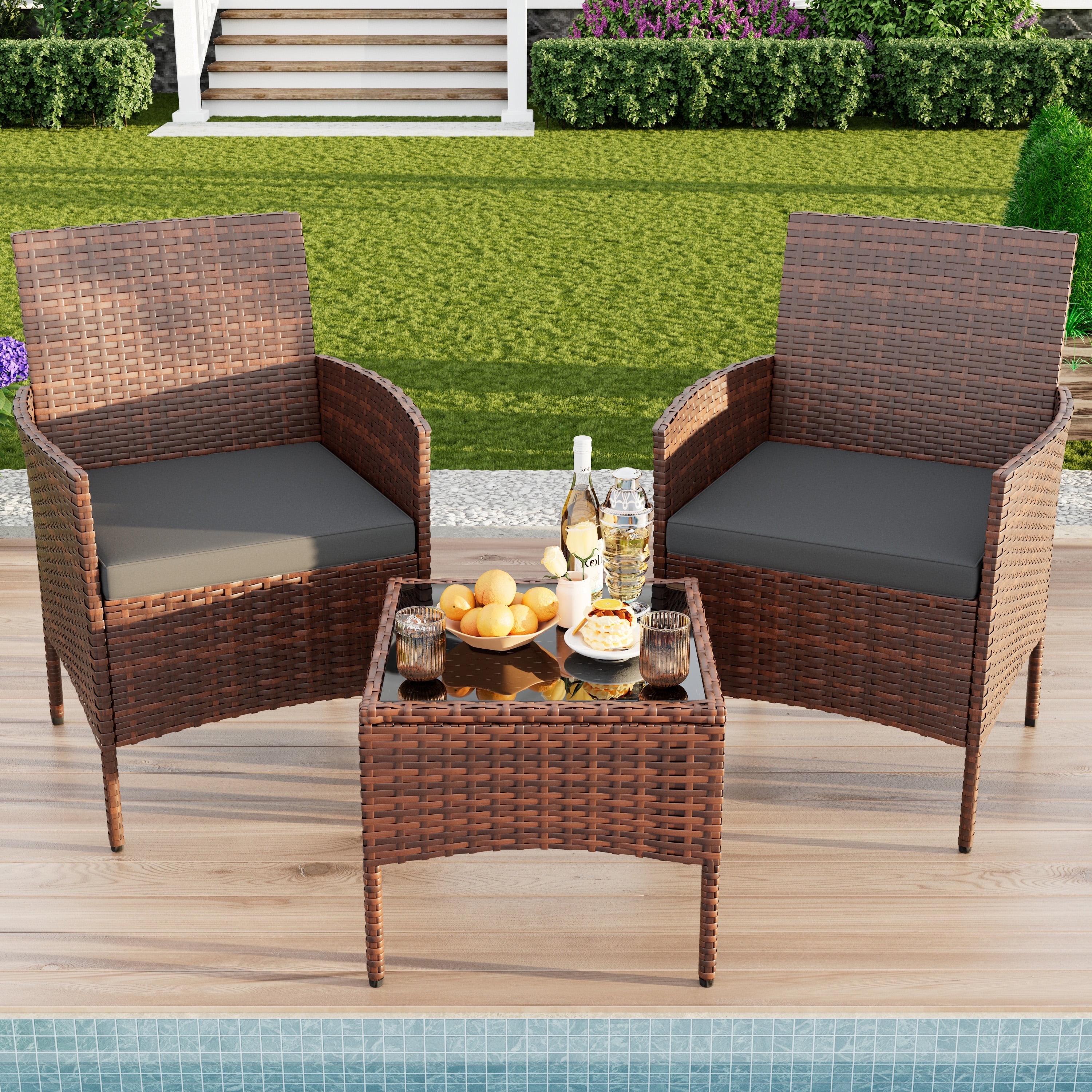 ELPOSUN 3 Piece Patio Conversation Bistro Set Outdoor Furniture Set, Porch Balcony Furniture Set,Wicker Chairs and Coffee Table Set for Patio Balcony Backyard Apartment, Grey