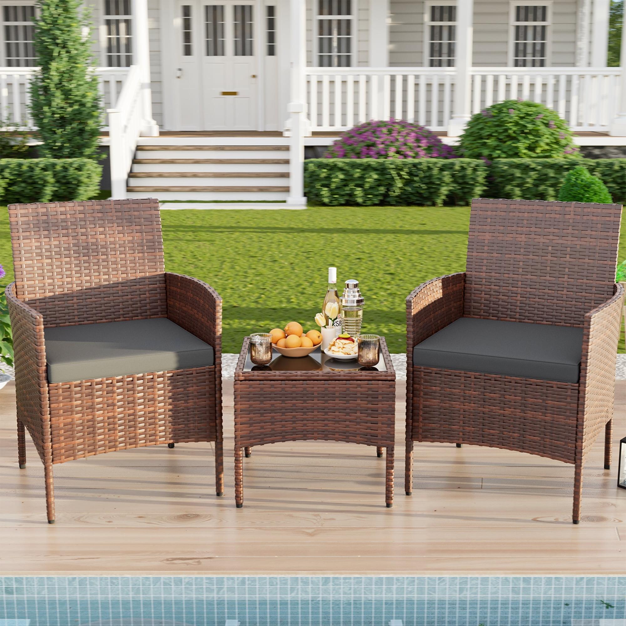 ELPOSUN 3 Piece Patio Conversation Bistro Set Outdoor Furniture Set, Porch Balcony Furniture Set,Wicker Chairs and Coffee Table Set for Patio Balcony Backyard Apartment, Grey