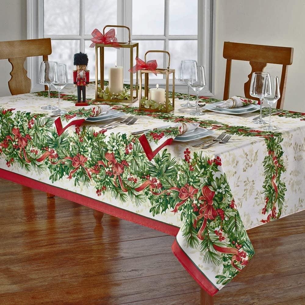 Christmas Holly Berry Ribbon Garland 52 x 70 Inch Rectangular Fabric Tablecloth