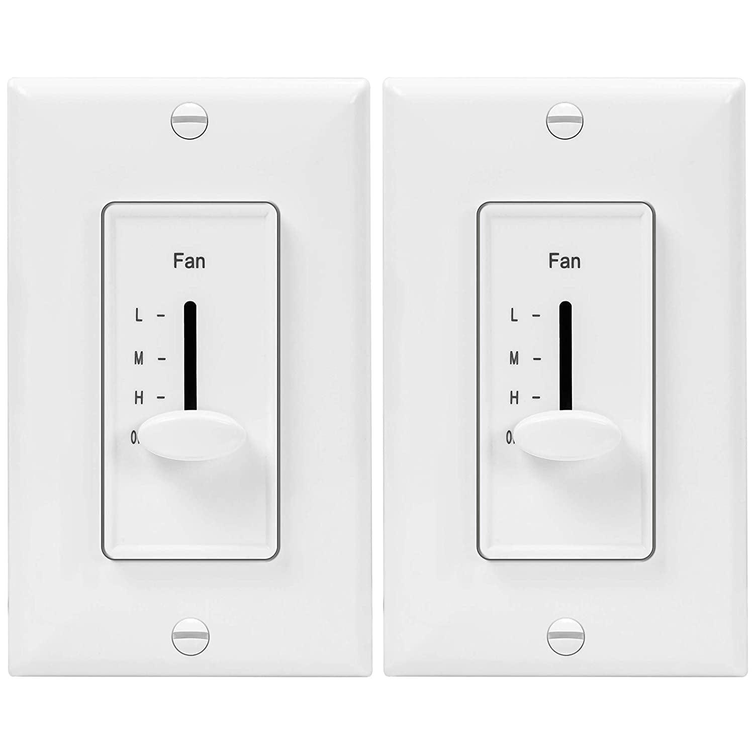 ENERLITES 3 Speed in Wall Ceiling Fan Control, Slide Switch, 120VAC, 2.5A, Single-Pole, Neutral Wire NOT Required, 17000-F3-W2P, White, 2 Pack