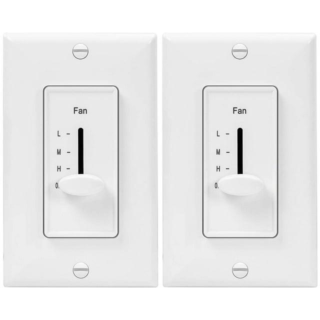 ENERLITES 3 Speed in Wall Ceiling Fan Control, Slide Switch, 120VAC, 2.5A, Single-Pole, Neutral Wire NOT Required, 17000-F3-W2P, White, 2 Pack