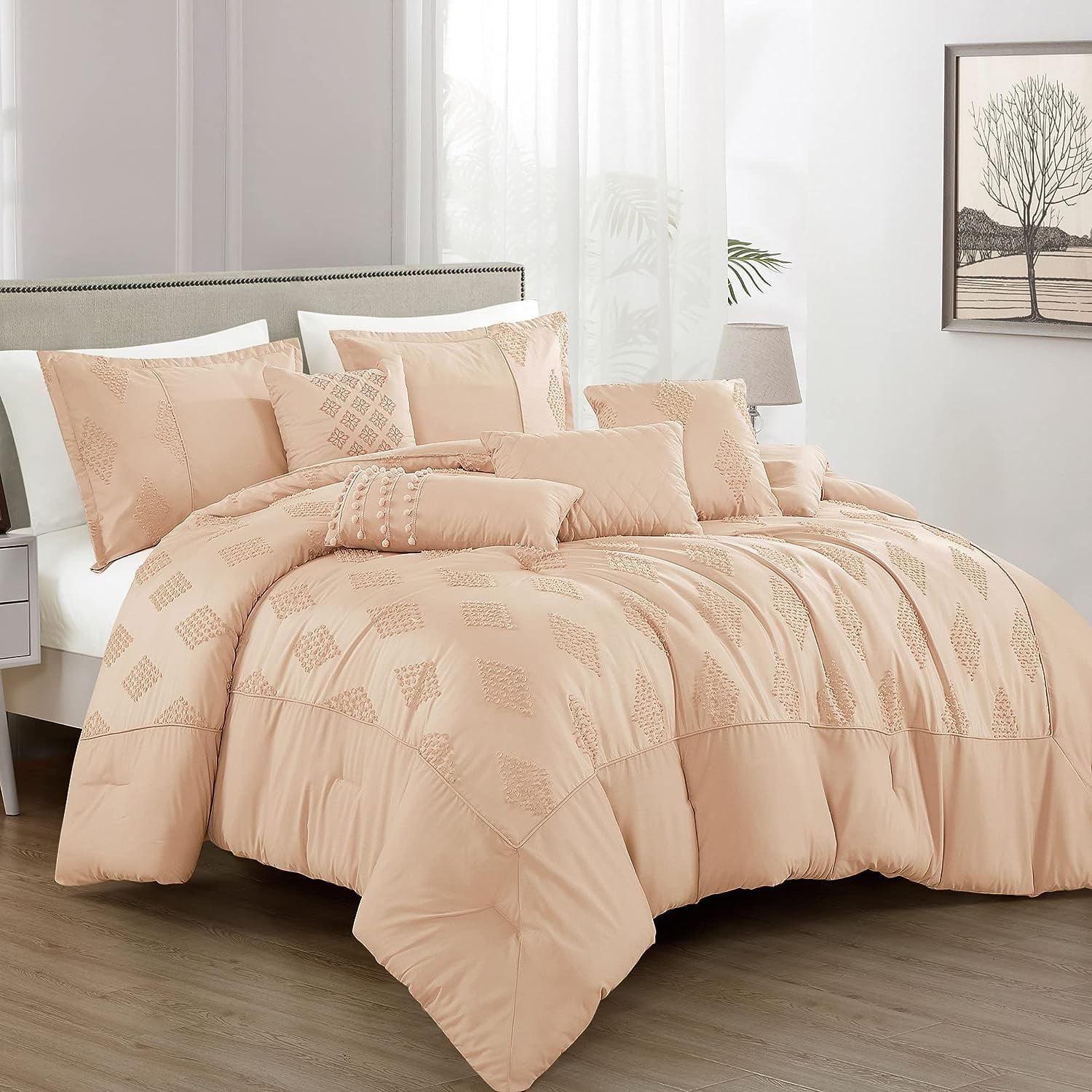 ESCA 7-Piece Severa Peach Pink Embroidery Comforter Bedding Set - OEKO-TEX Standard 100, Breathable, All Season, Extra Soft, Lightweight - Queen Size