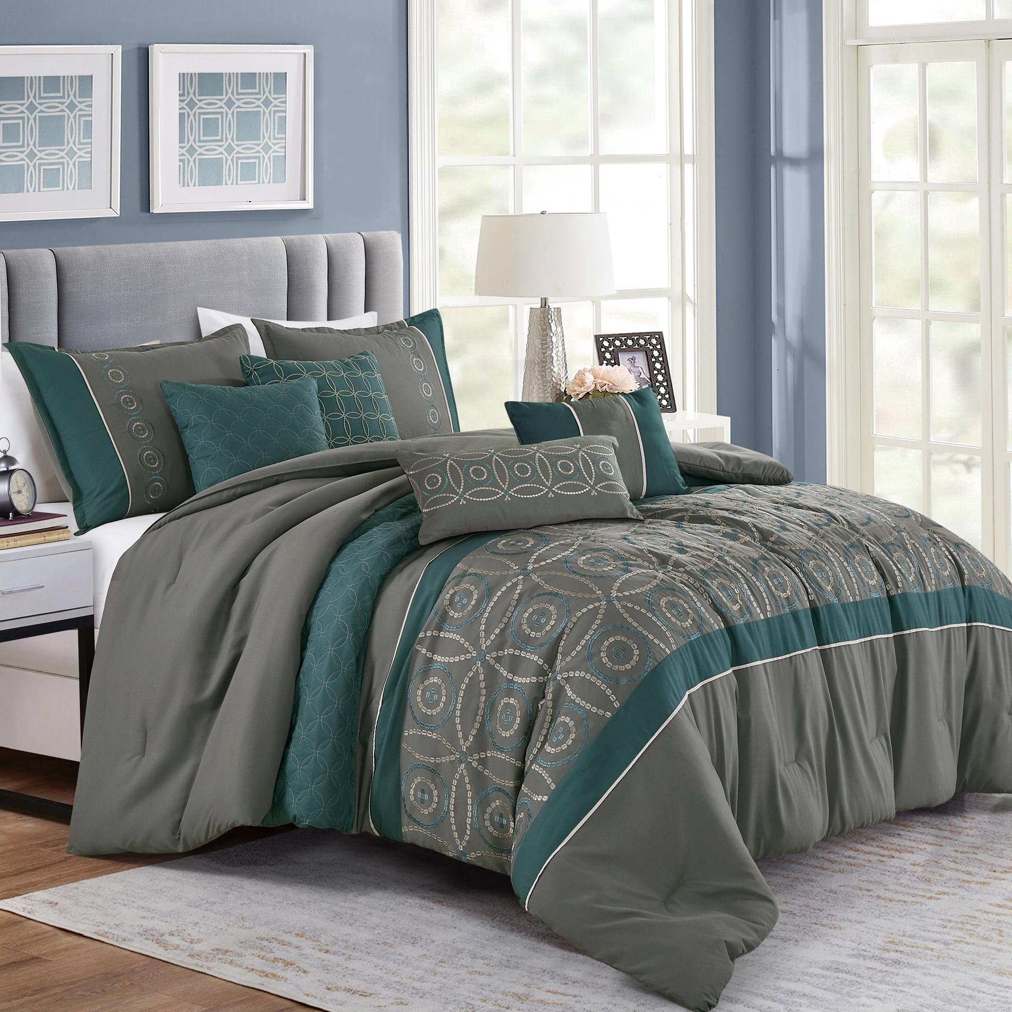 Home Mart Goods 7 Piece Comforter Set Green Grey Embroidery Soft Bedding