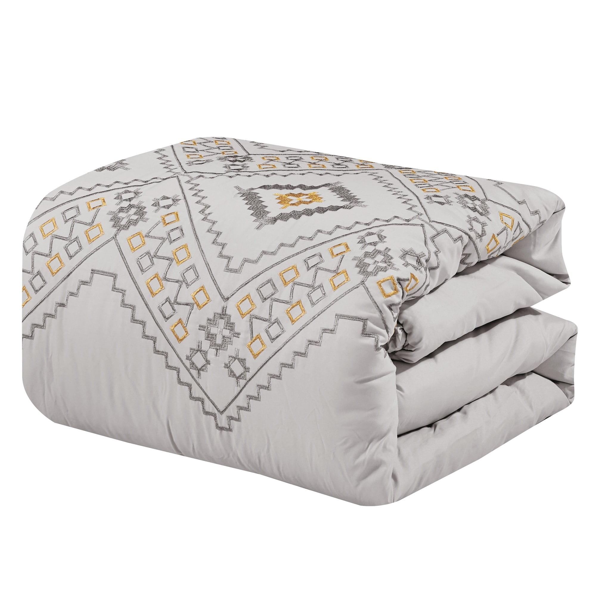 Gray and Yellow Embroidered Microfiber Queen Comforter Set