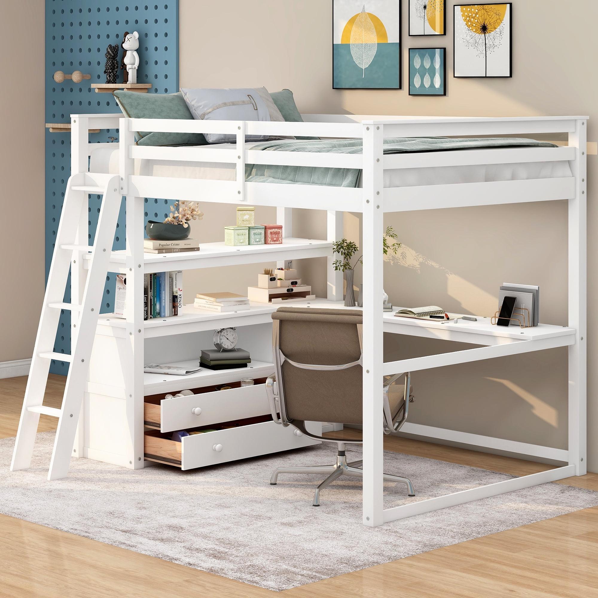 EUROCO Full Size Loft Bed with Desk and Shelf for Kids, White
