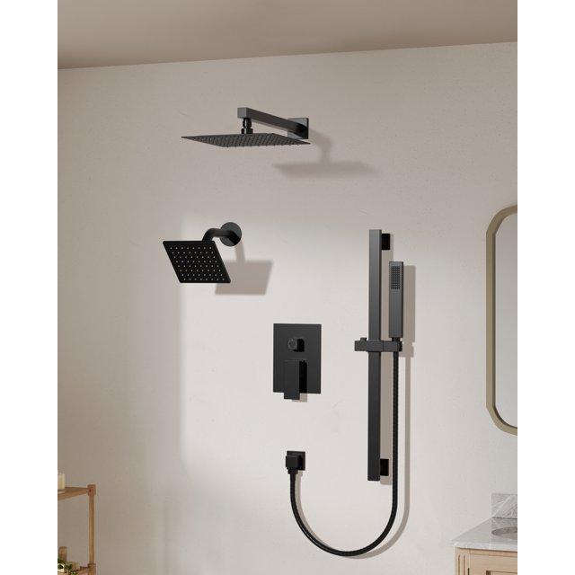 EVERSTEIN DualJetSpa 10-Inch High-Pressure Rainfall Shower Faucet with Handheld Spray, Wall Mount Dual Showerheads System with Slide Bar and Rough-in Valve SFS-1059-BK10