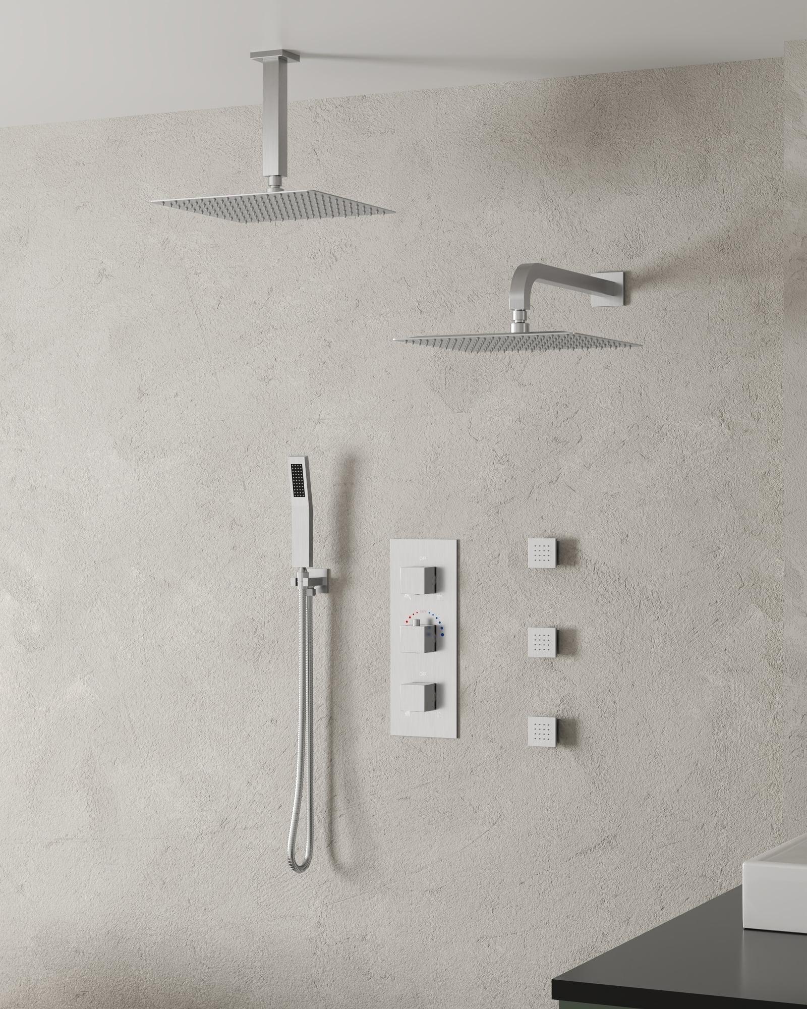 EVERSTEIN 12 in. Dual Rain Shower Heads System, 1.8 GPM Muti Spray Patterns Wall & Celling Mounted Shower Head with Handheld Shower Sparyer, Side Jets & Knob Valve Body, Brushed Nickel