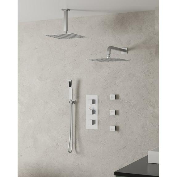 EVERSTEIN 12 in. Dual Rain Shower Heads System, 1.8 GPM Muti Spray Patterns Wall & Celling Mounted Shower Head with Handheld Shower Sparyer, Side Jets & Knob Valve Body, Brushed Nickel