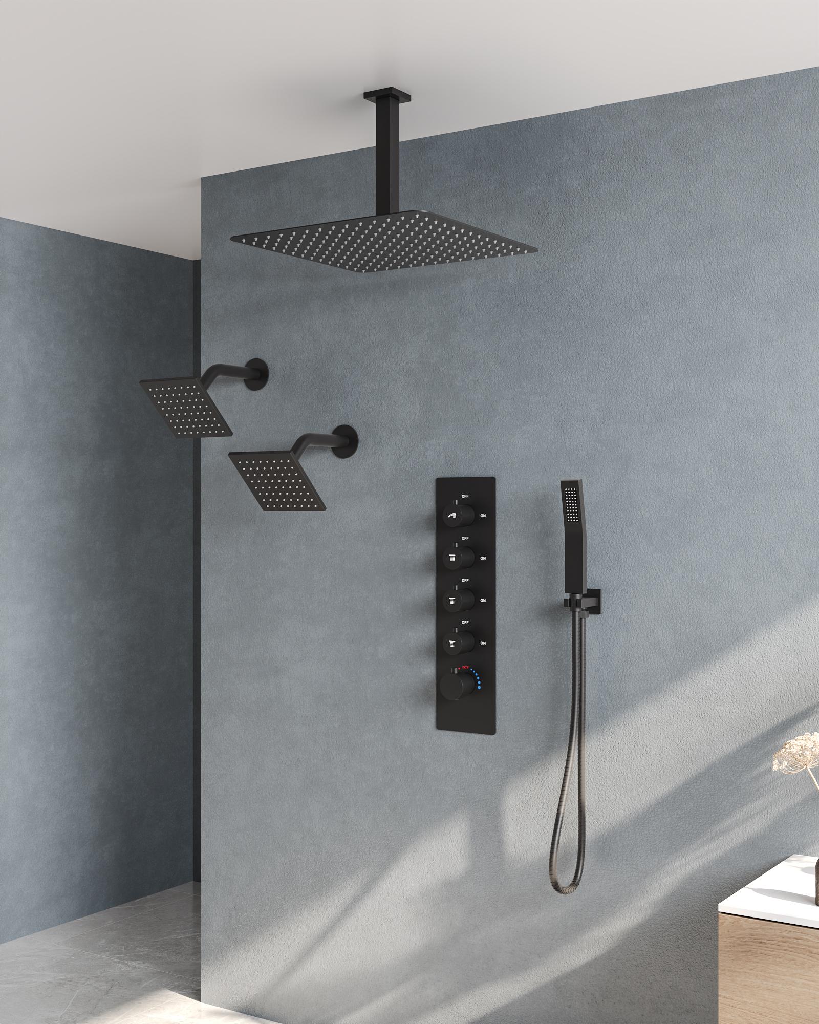 15-Spray Patterns 16" & 6" Triple Shower Heads, Shower FaucetSystem with Thermostatic Rough-in Valve
