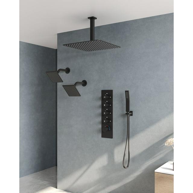 15-Spray Patterns 16" & 6" Triple Shower Heads, Shower FaucetSystem with Thermostatic Rough-in Valve