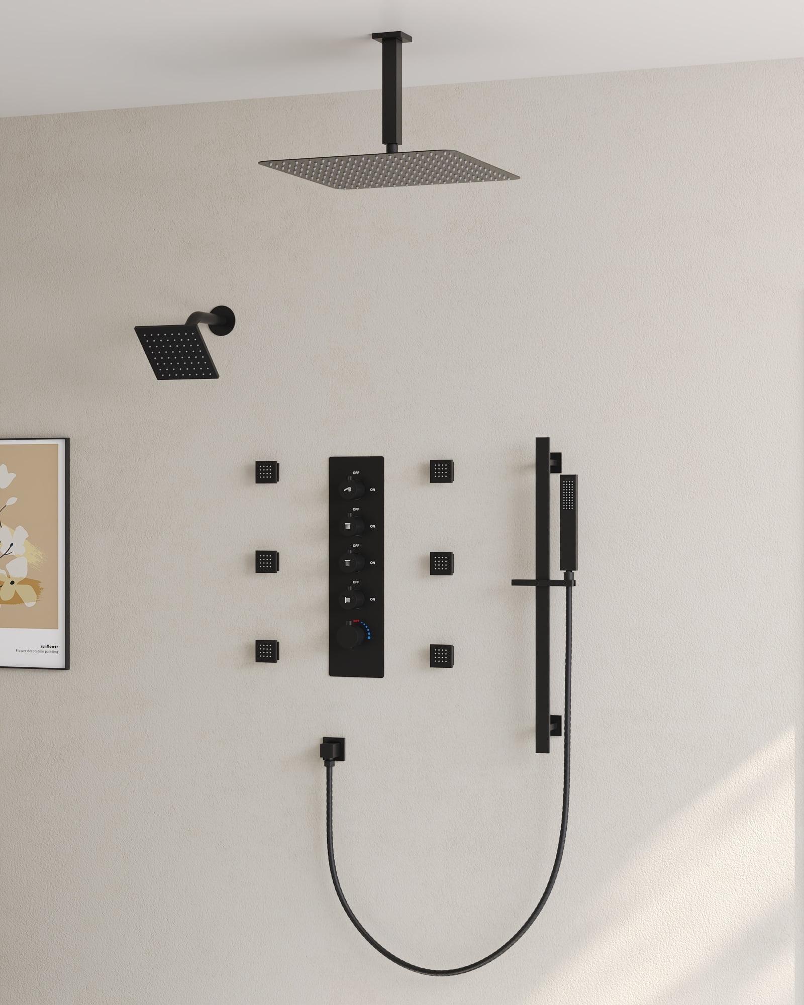 DualJetSpa 15-Spray Patterns 16" & 6" Dual Shower Head, Shower FaucetSystem with Thermostatic Rough-in Valve and Body Jets