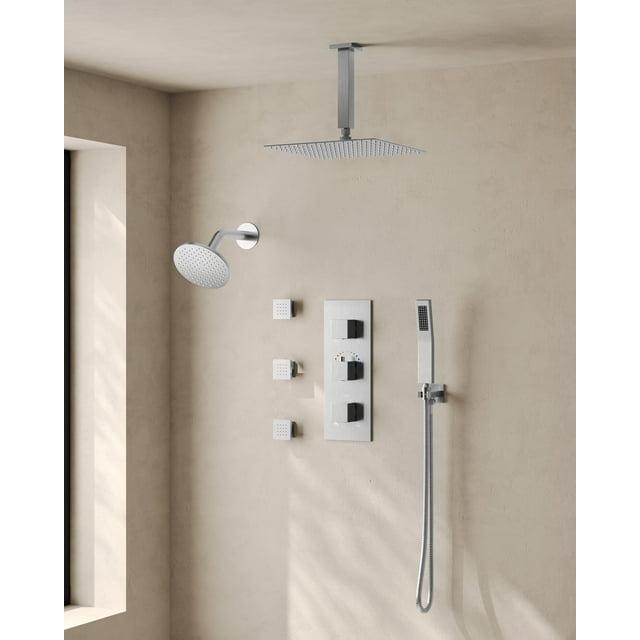 Thermostatic Shower Faucet System,12" & 6" Dual Shower Head with Rough-In Valve