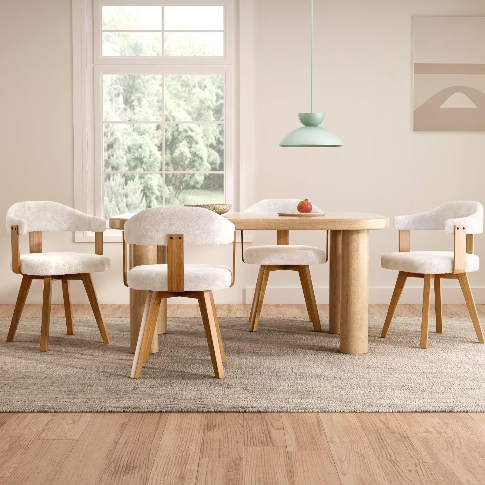 Corrigan Studio® Set Of 4 Swivel Boucle Dining Chairs With Arms And Wood Legs