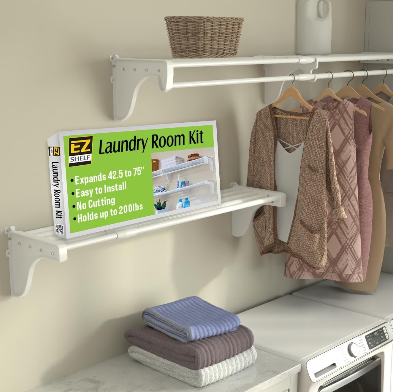 Modern Glossy White Steel Wall-Mounted Expandable Laundry Shelving