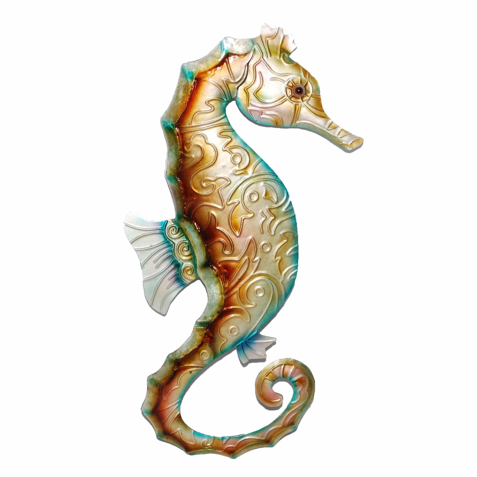 Hand-Painted Tan and Blue Capiz Seahorse Wall Sculpture