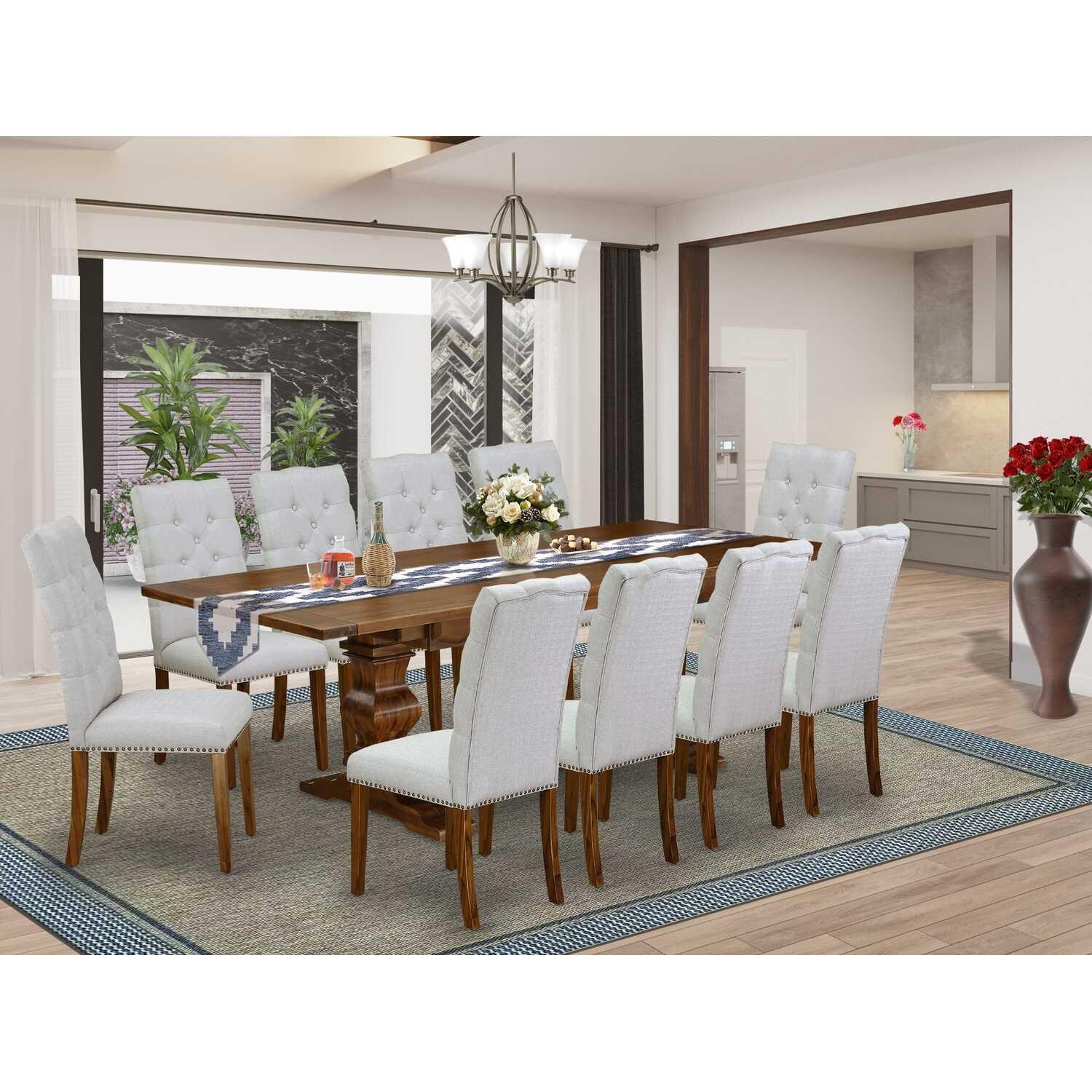 Antique Walnut 11-Piece Dining Set with Grey Linen Chairs