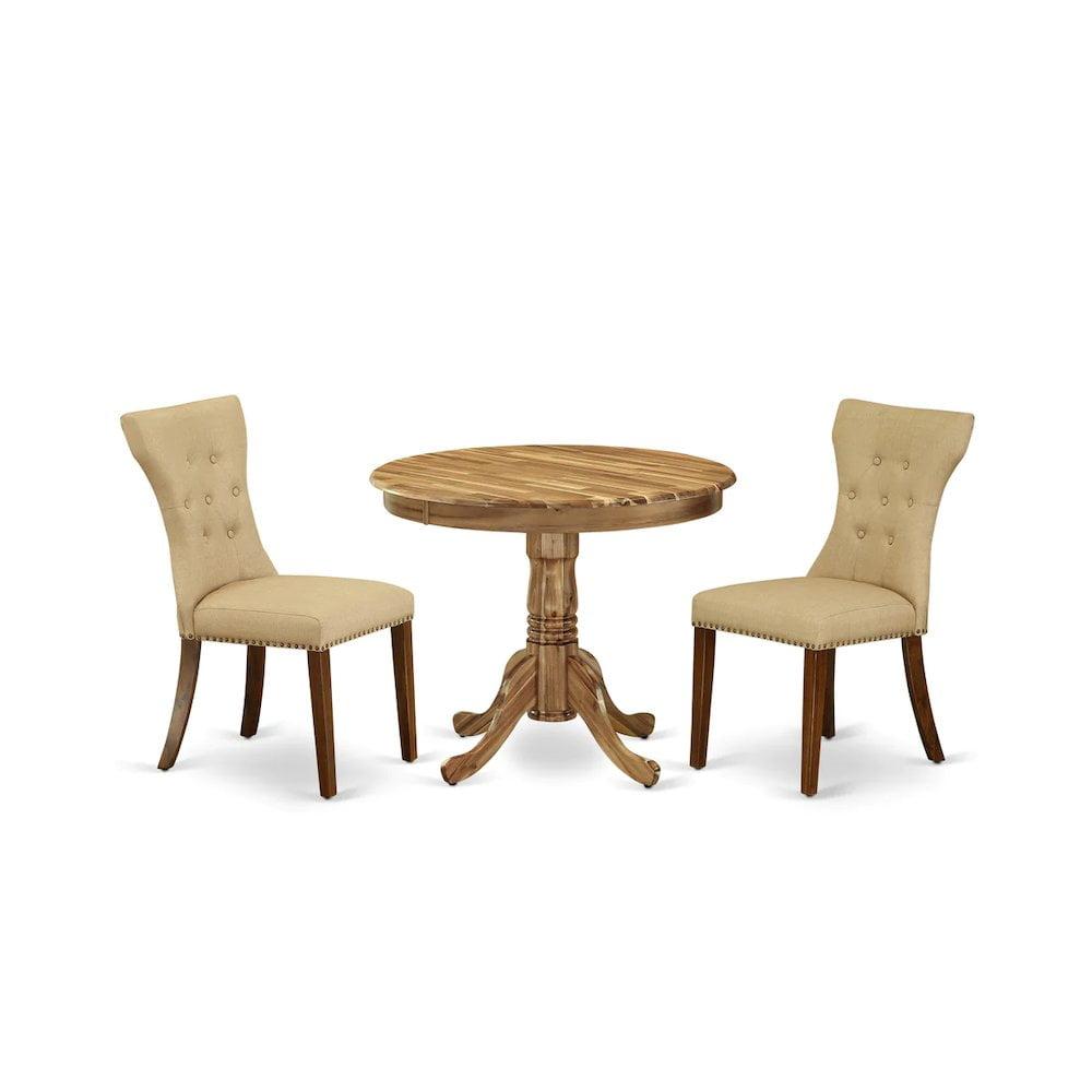 Natural Rubber Wood Round Dining Table Set with Beige Linen Chairs