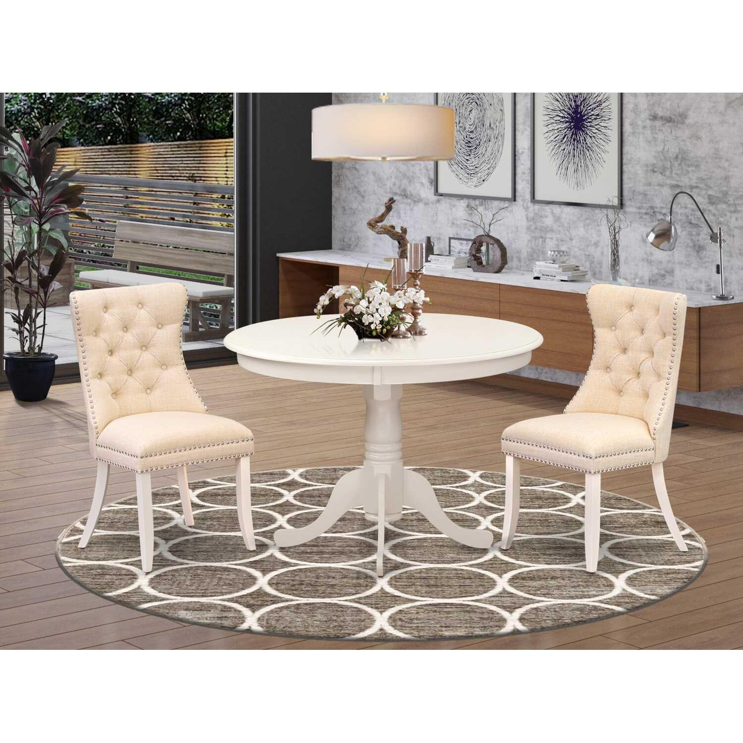 Linen White Round Pedestal Dining Table Set with Beige Upholstered Chairs