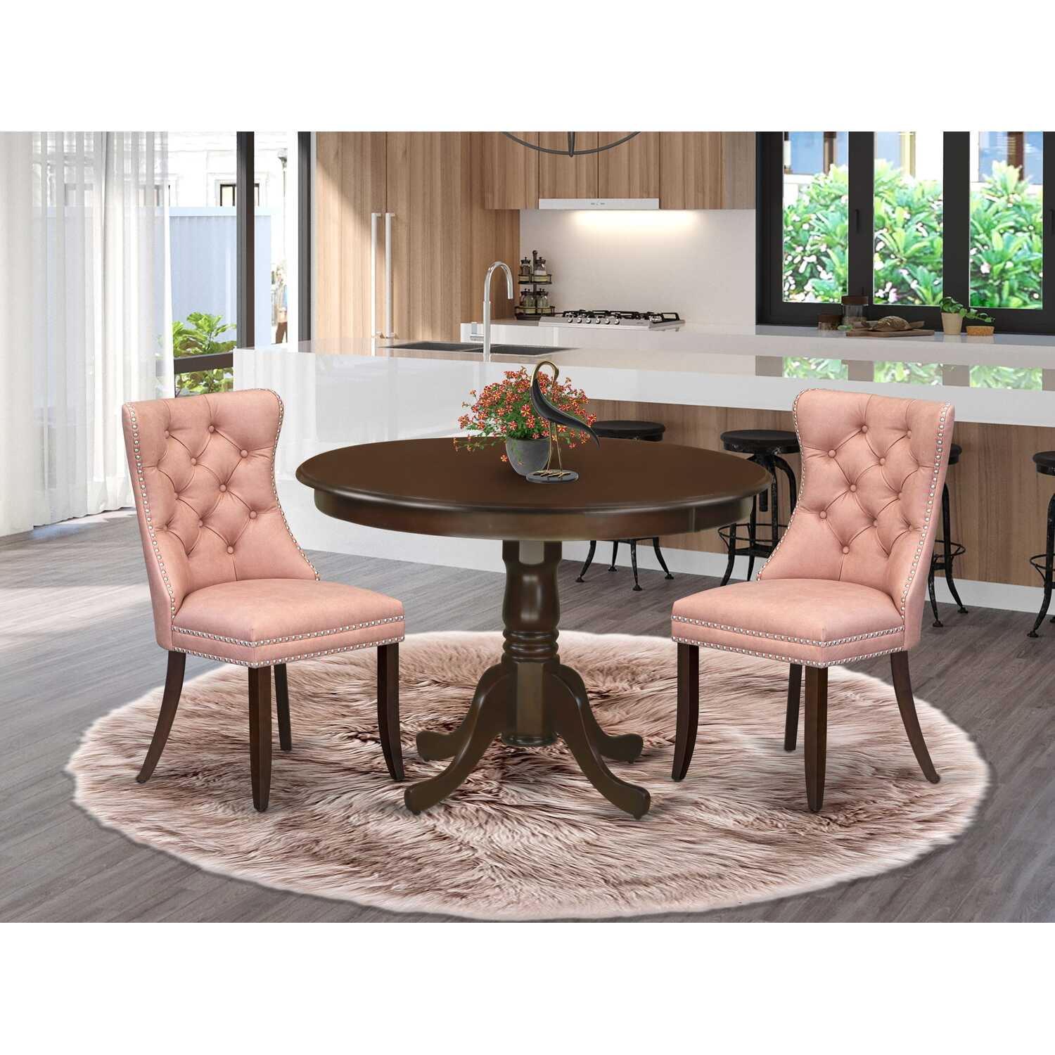 East West Furniture 3 Piece Dining Set Consists of a Round Kitchen Table with Pedestal