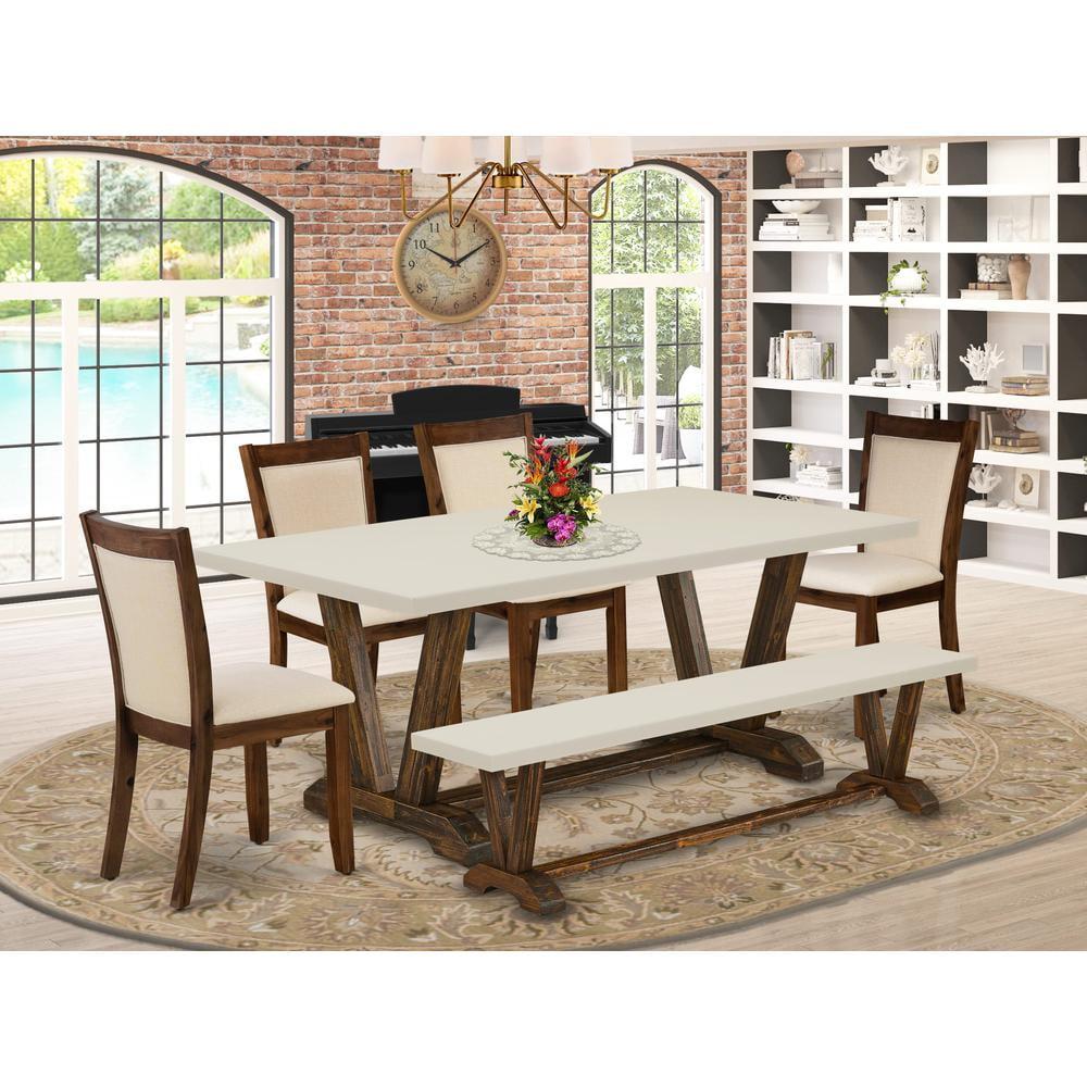 East West Furniture Juego de Comedor de 6 Piezas: 1 Mesa de Comedor, Banco de Comedor Moderno con Tapa de Lino Blanco y 4 Sillas de Cocina de Tela Beige Claro con Respaldo Elegante (Acabado Jacobeo Envejecido)