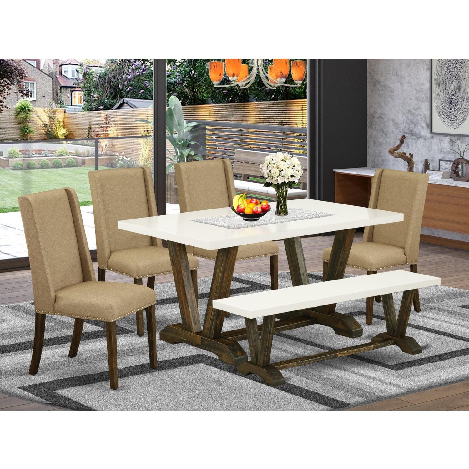 Distressed Jacobean 6-Piece Dining Set with Dark Khaki Linen Chairs