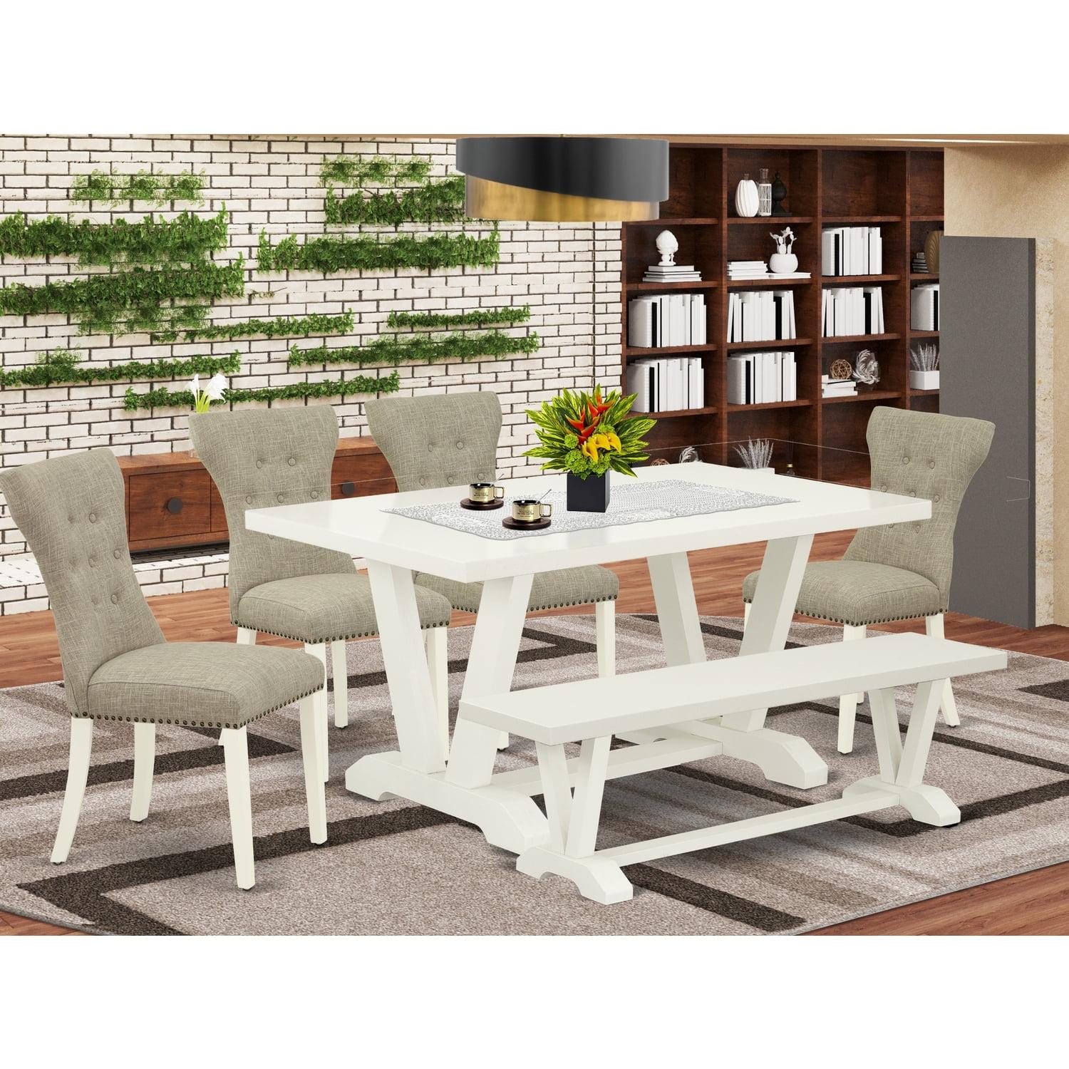 Linen White Mid-Century Modern 5-Piece Dining Set with Cream Linen Fabric Chairs