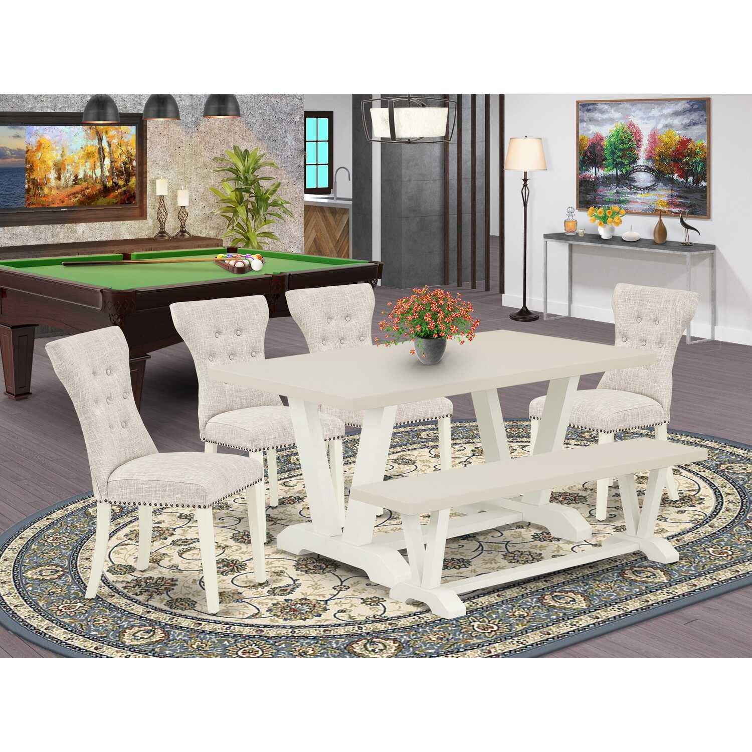 Linen White Mid-Century Modern 5-Piece Dining Set with Cream Linen Fabric Chairs