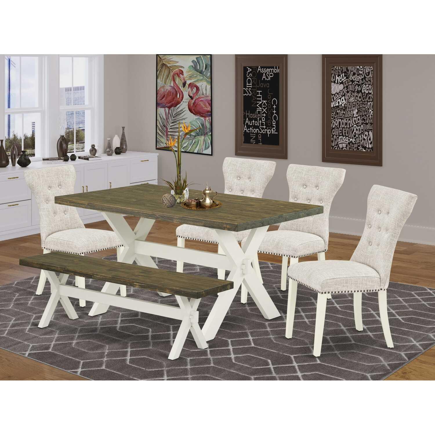 East West Furniture X076GA235-6 6 Piece Dining Table Set Contains a Rectangle Dining Room Table with X-Legs and 4 Doeskin Linen Fabric Parson Chairs with a Bench, 36x60 Inch, Multi-Color