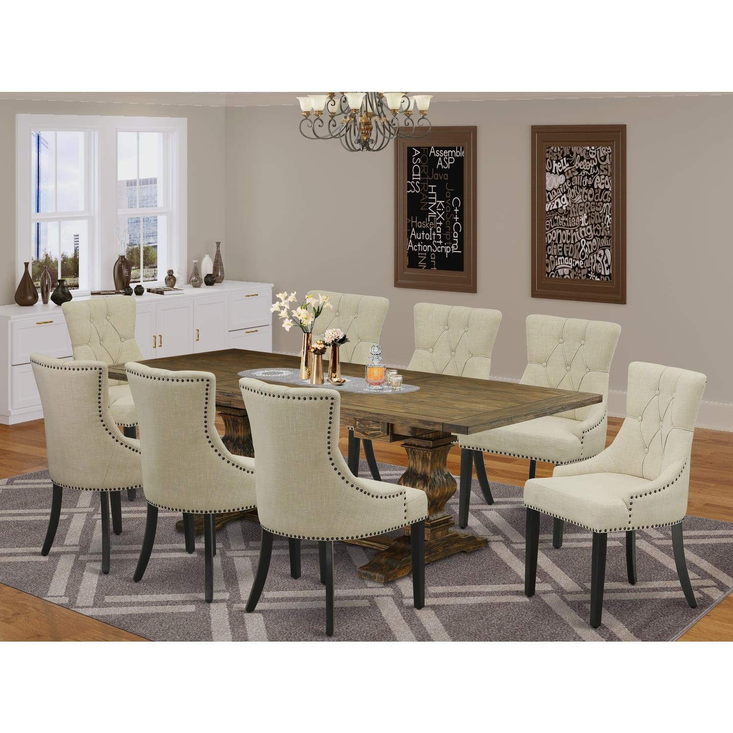 Distressed Jacobean 9-Piece Wood Dining Set with Light Beige Linen Chairs