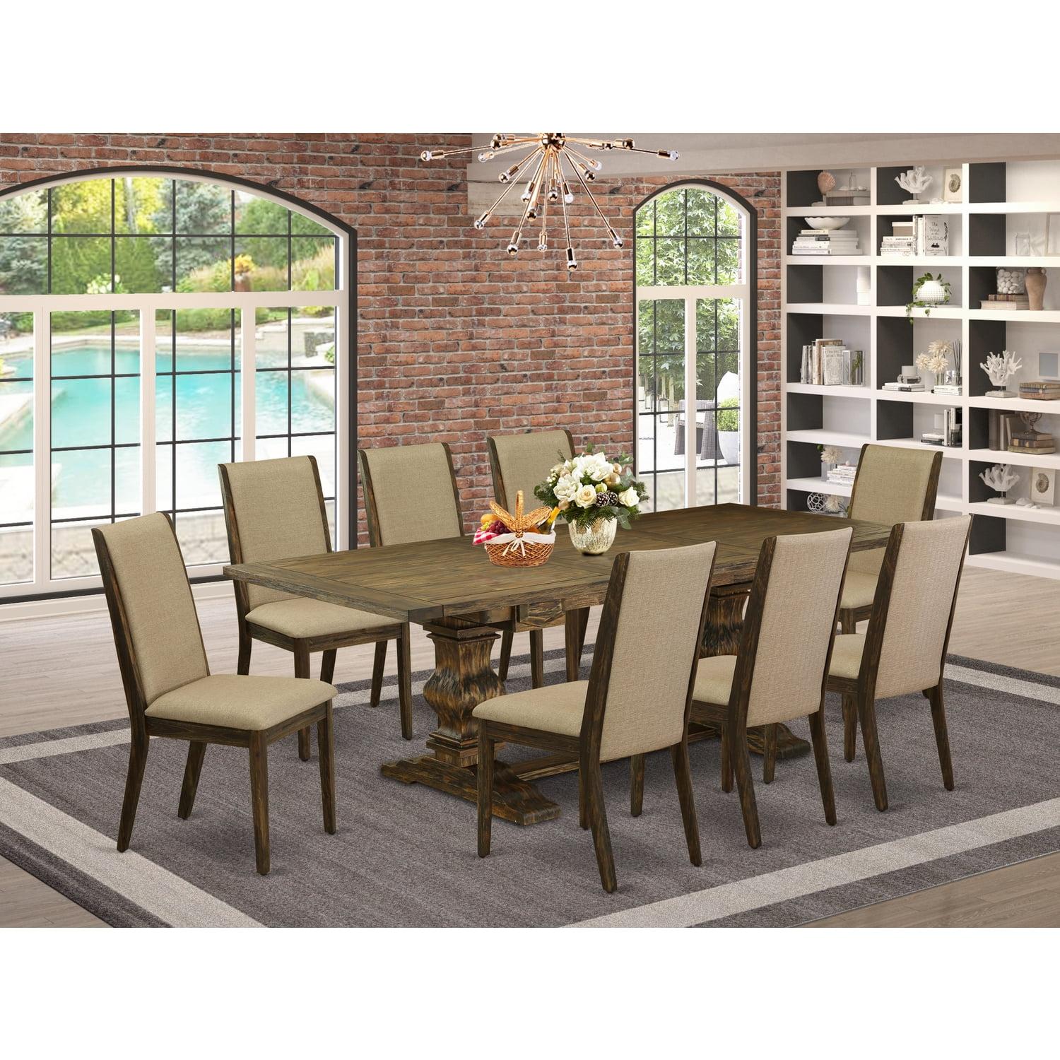 Jacobean Elegance 9-Piece Dining Set with Distressed Finish & Dark Khaki Chairs