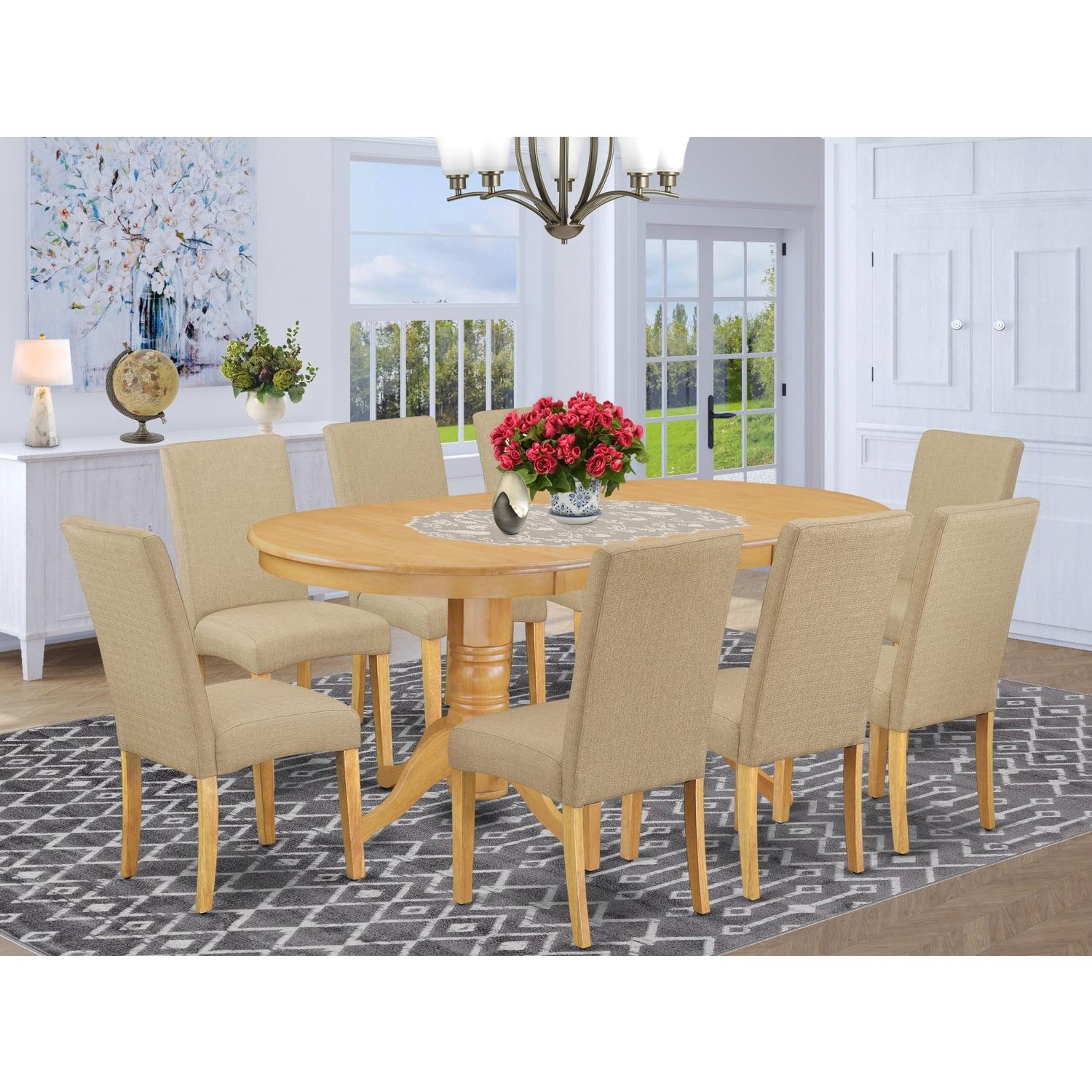 Elegant Oak Finish Oval Dining Set with 8 Dark Khaki Linen Chairs