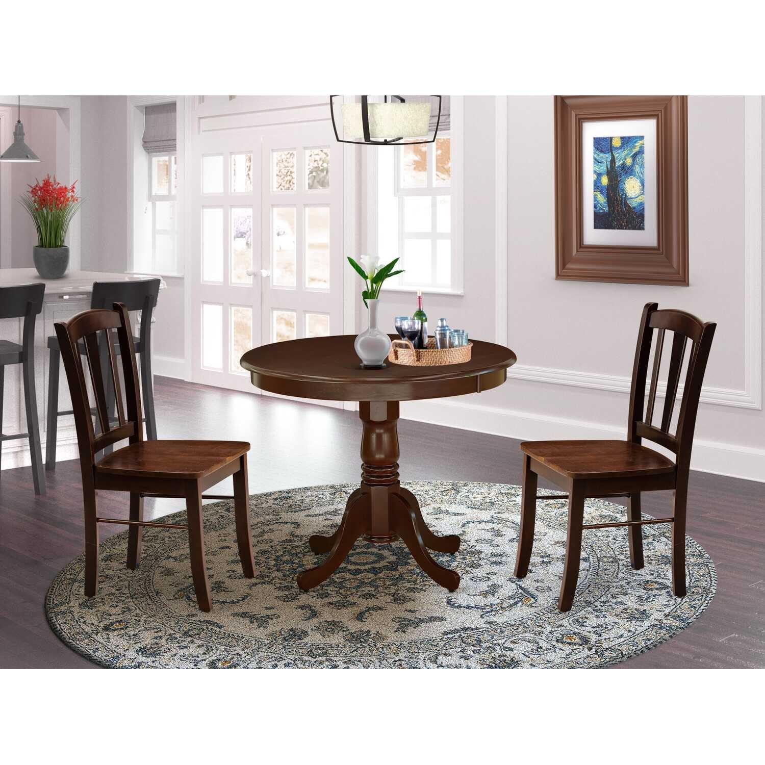 East West Furniture - 3-Piece Dining Room Set- 2 Dining Chair and Modern Round Dining Table - Wooden Seat and Slatted Chair Back (Black Finish)