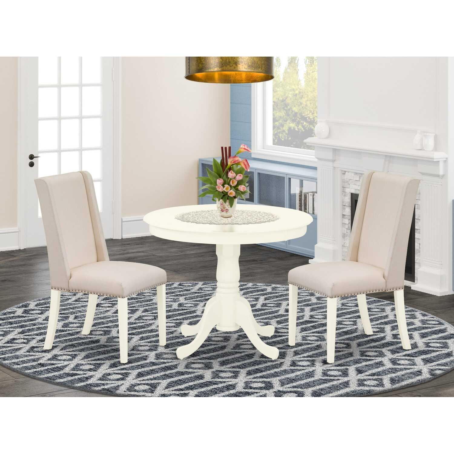 Linen White Glossy Finish 3-Piece Dining Set with Soft Fabric Chairs