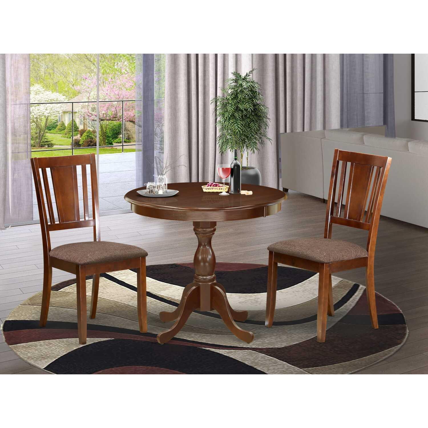 Mahogany 3-Piece Round Pedestal Dining Set with Faux Leather Seats