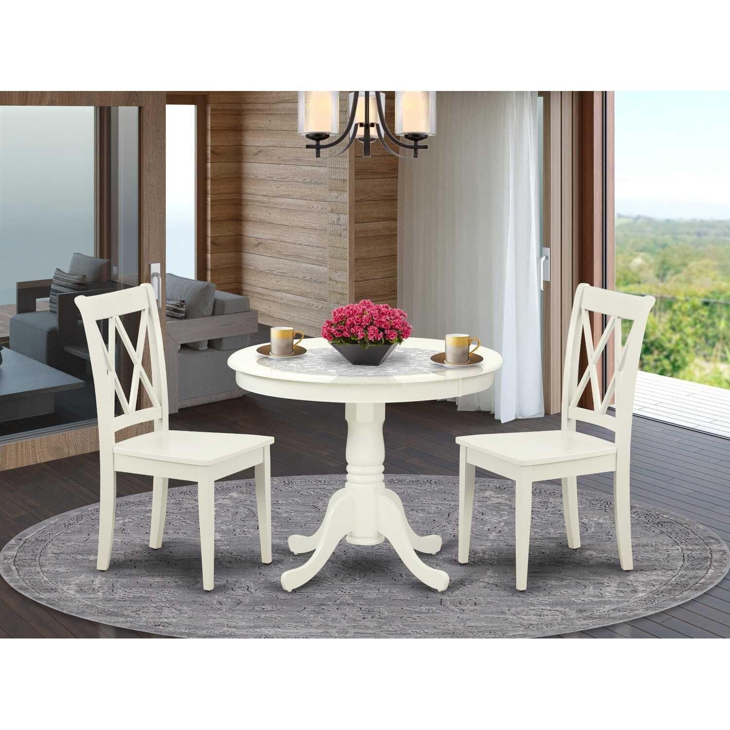 East West Furniture Antique 3-piece Dining Set with X-back Chair in Linen White