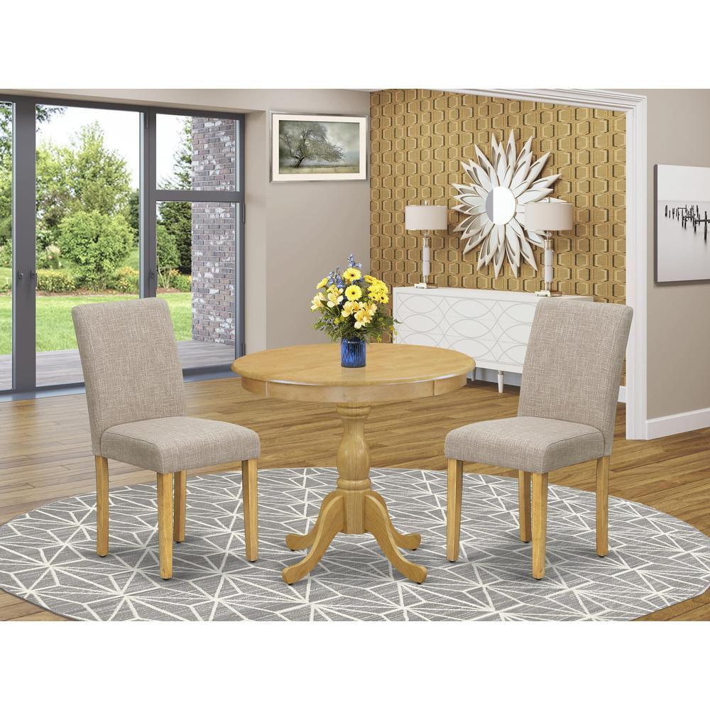 Oak 3-Piece Round Pedestal Dining Set with Upholstered Chairs