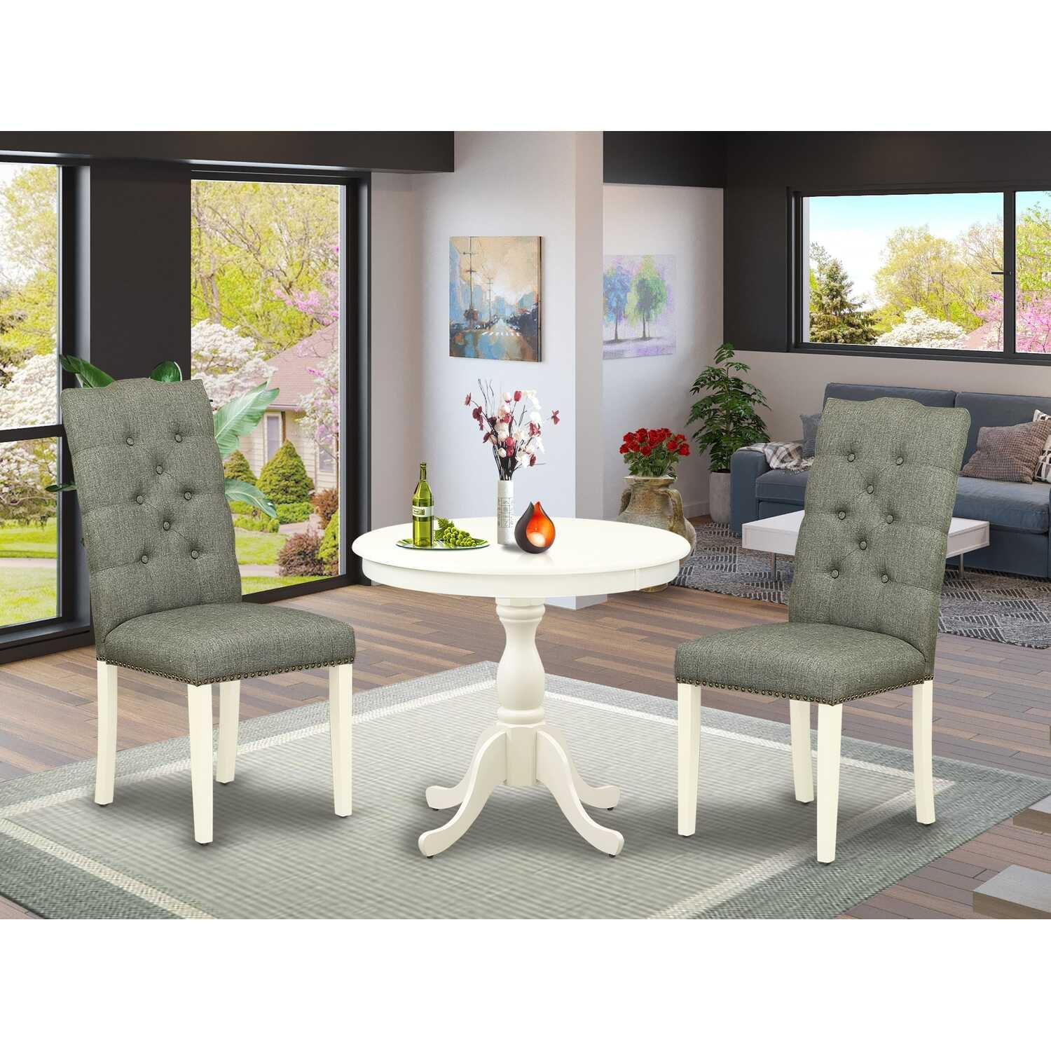 East West Furniture Antique 3-piece Wood Dining Set with Nail Heads in White