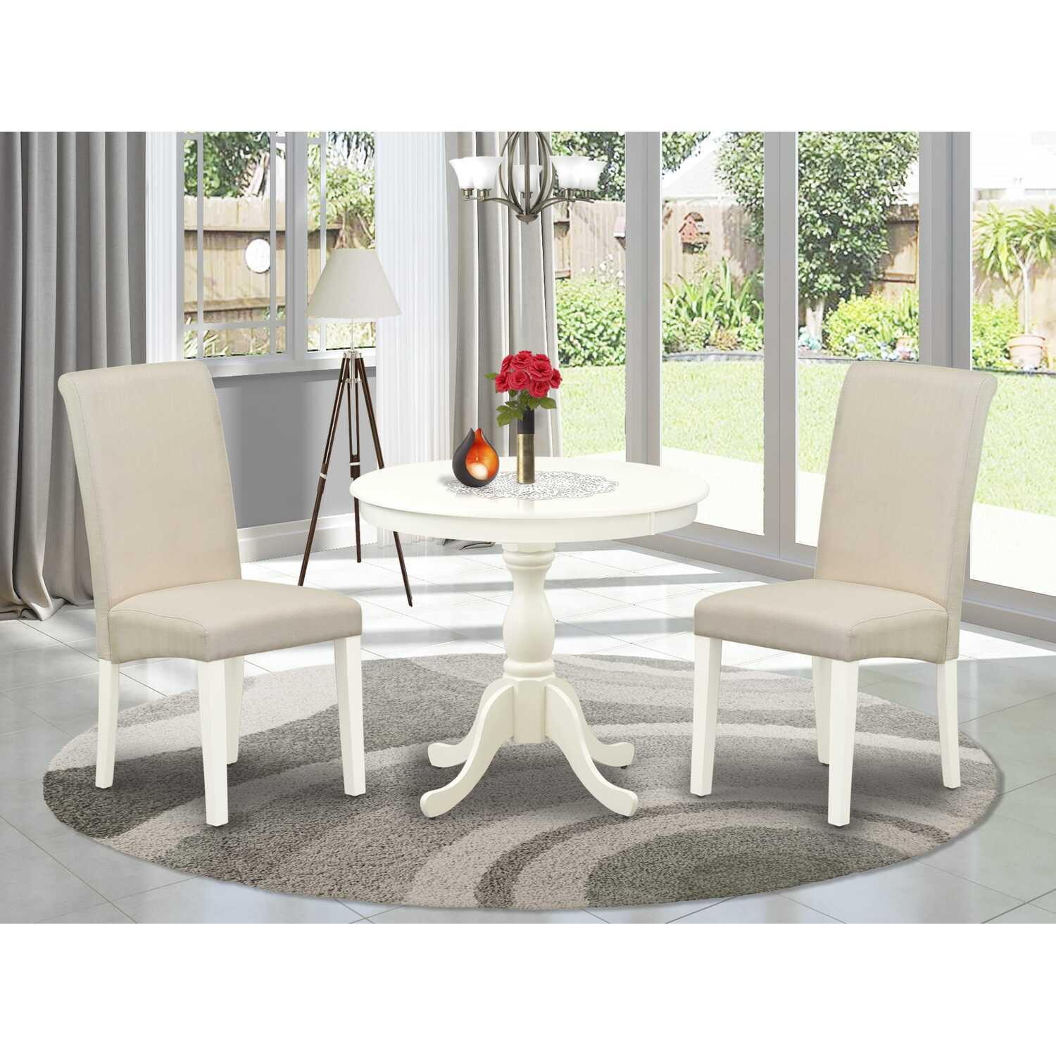 Cream Linen White 3-Piece Wood Dining Set with High Back Chairs